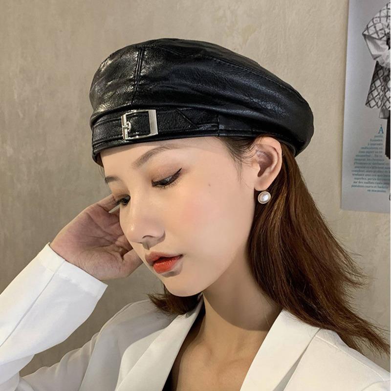 

New Fashion Leather Cap Solid Beret Hat Women Cap Female Ladies Beanie Beret Girls PU Hat, Black