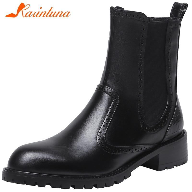 

KARIN New Ladies Party Chunky Heels Boots Women Fashion Elastic Band Ankle Boots Genuine Leather Shoes Woman1, Black no fur