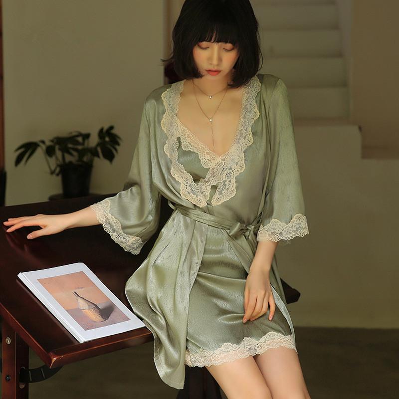 

YRRFUOT 2021 Spring Autumn New Women's Nightgown Sexy Open-fronted Silk Lace French Satin Bathrobe Nightgown Homewear Suit, Green