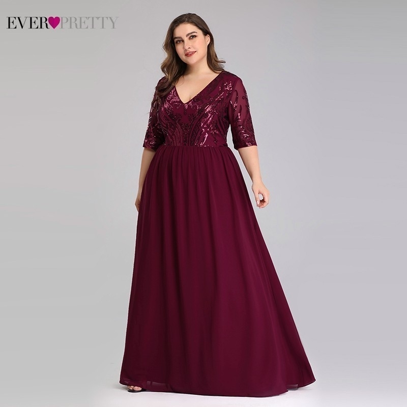 

Plus Size Burgundy Evening Dresses Long Ever Pretty A-Line V-Neck Elegant Sequined Long Dresses For Party Robe De Soiree LJ201119