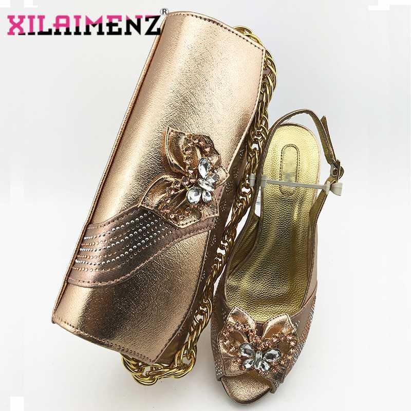 

2020 Low Heels New Champagne Color Matching Shoes and Bag Set African Matching Shoes and Bag Set for Nigerian Party1, Silver