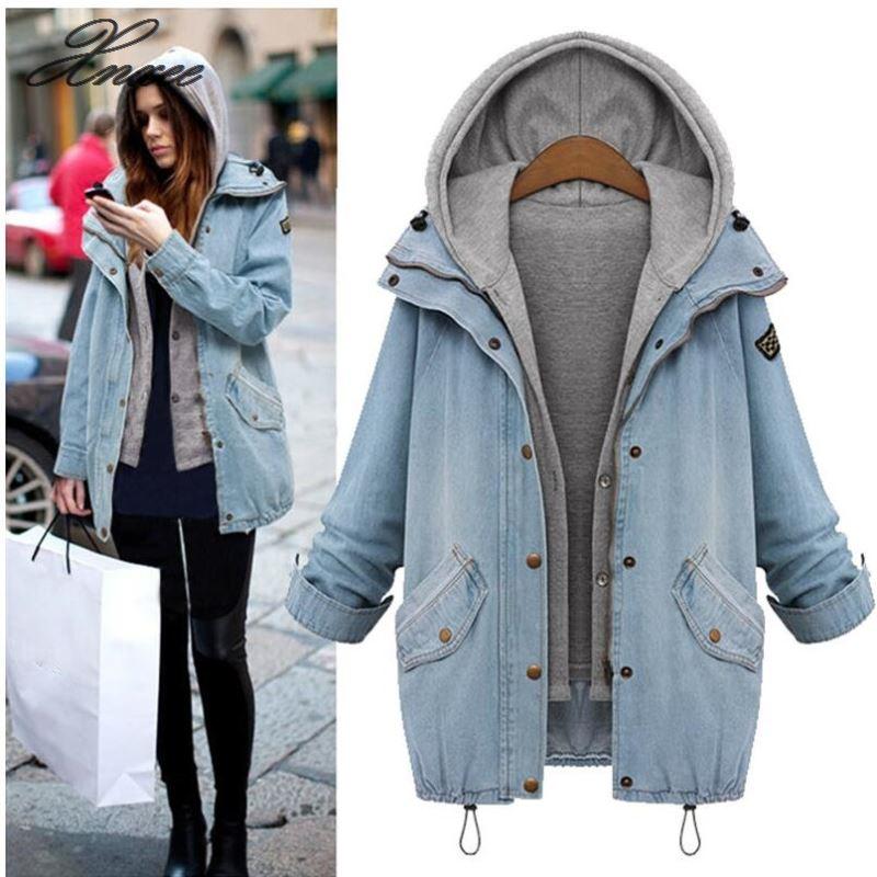 

Women Denim Jacket Coat Two-piece Jacket spring Autumn Hooded Bomber Plus Size female Jeans, Blue