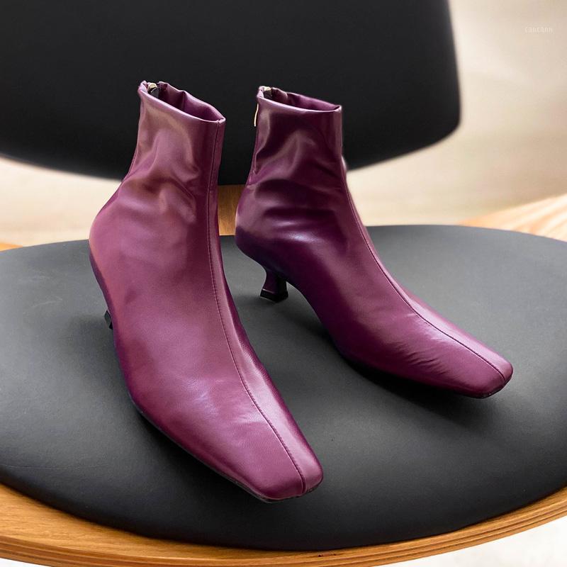 

DEAT 2020 New Spring Autumn Fashion Casual Square Head Bare Boots Zipper Thick Heel Thin Boots Medium Heel Shoes Short SF8101, Black