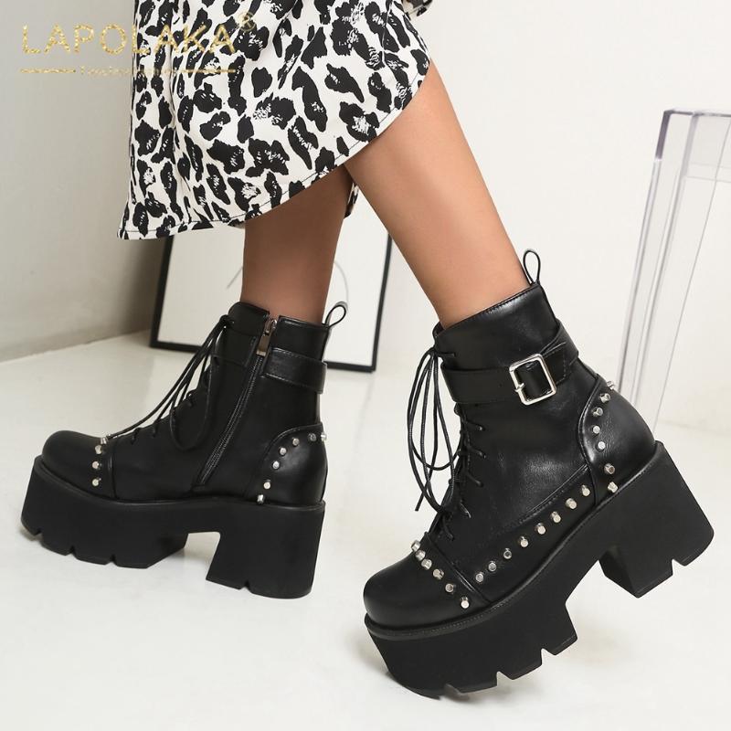 

Lapolaka 2020 Platform Ankle Boots Woman Shoes Zip up Chunky Heels Rivet Comfy Luxury Boots New Ladies Design Large Size 441, Black