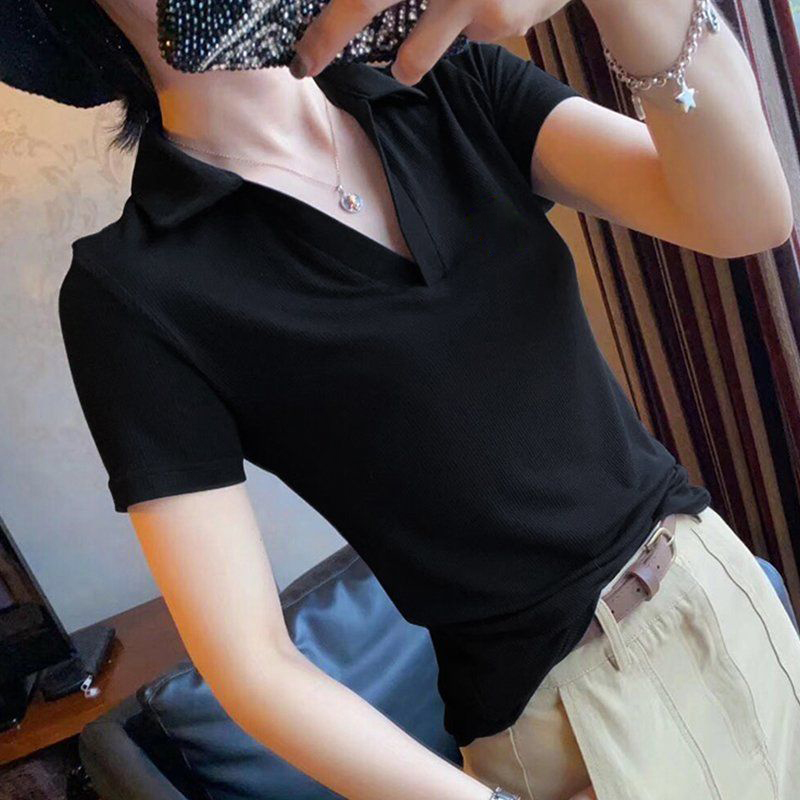 

Lapel Cotton Short Sleeve Polos Shirt Women's Casual Printing Shirt Women's Professional Slim Stretch Top, White