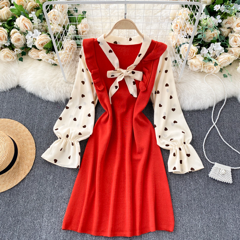 

2021 New Singiny feminine splice sweet mesh bow neck love impression puff dressed autumn the line streetwear short dress 88OO, Blue