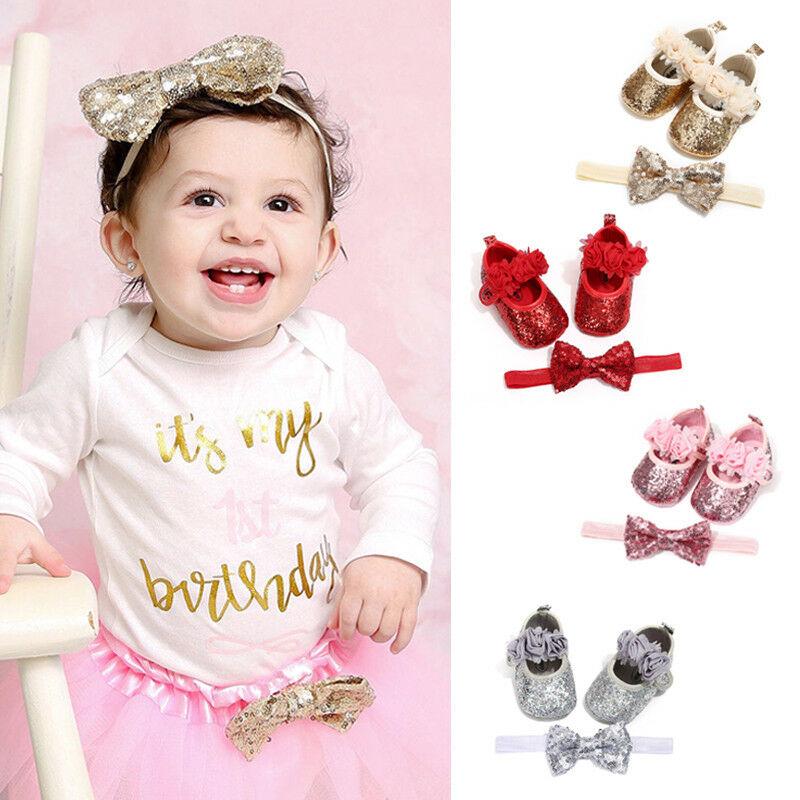 

Baby Girls Sequins Shoes Infant Newborn Bowknot Princess Shoes First Walkers + Hairband Baby Girl Birthday Party, Gold