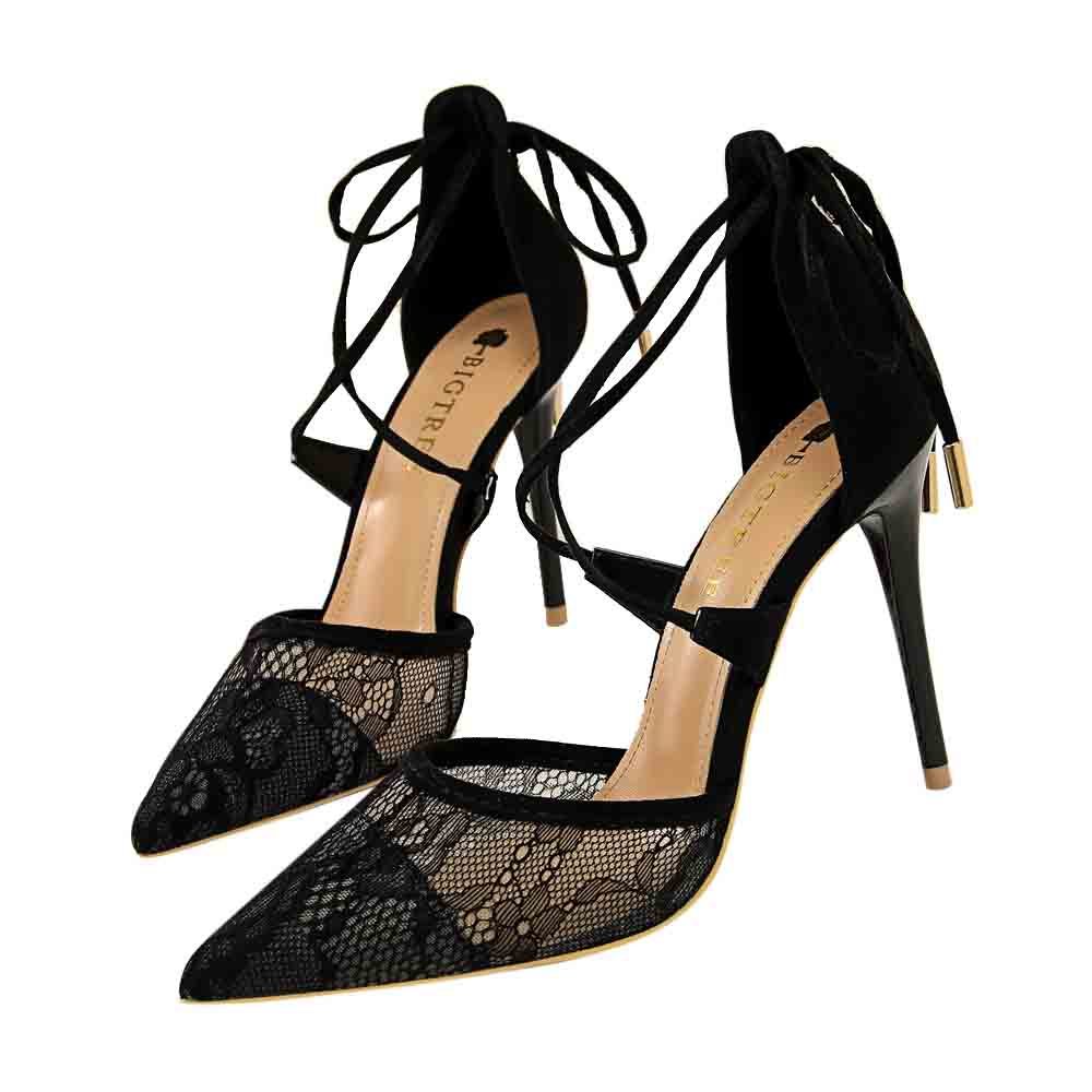 

Sexy cross ankle scissor club pump 2020 female fashion high heels 10cm elegant lace hollow out shoes for red pink woman KISV, Black