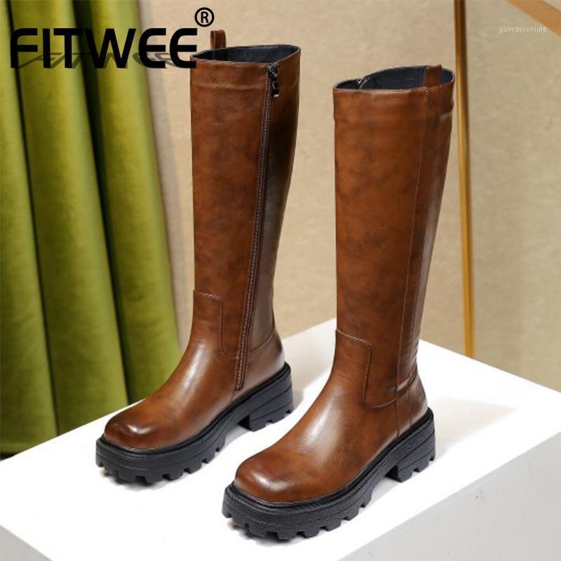 

FITWEE Size 34-43 Women Knee Boots Pu Round Toe Side Zipper Flats Shoes Winter Warm Boots Women Fashion Party Footwear1, Brown
