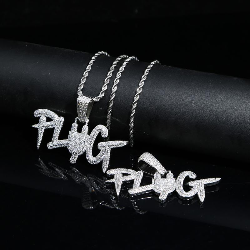 

wholesale Iced Out Bling Clear Cubic Zircon CZ charm Plug Letters Pendant Necklace for Hip Hop men boy Rope Chain jewelry Gift