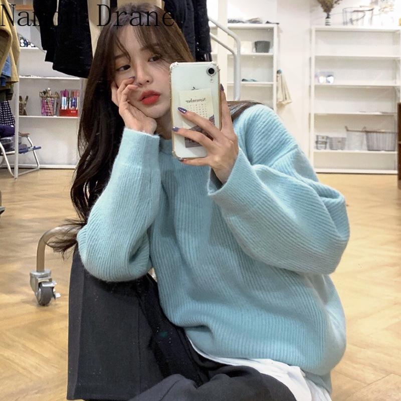 

Korea Chic Autumn and Winter Gentle Round Neck Pullover Loose Solid Color Warm Long Sleeve Wild Thick Knit Sweater Woman, Pink