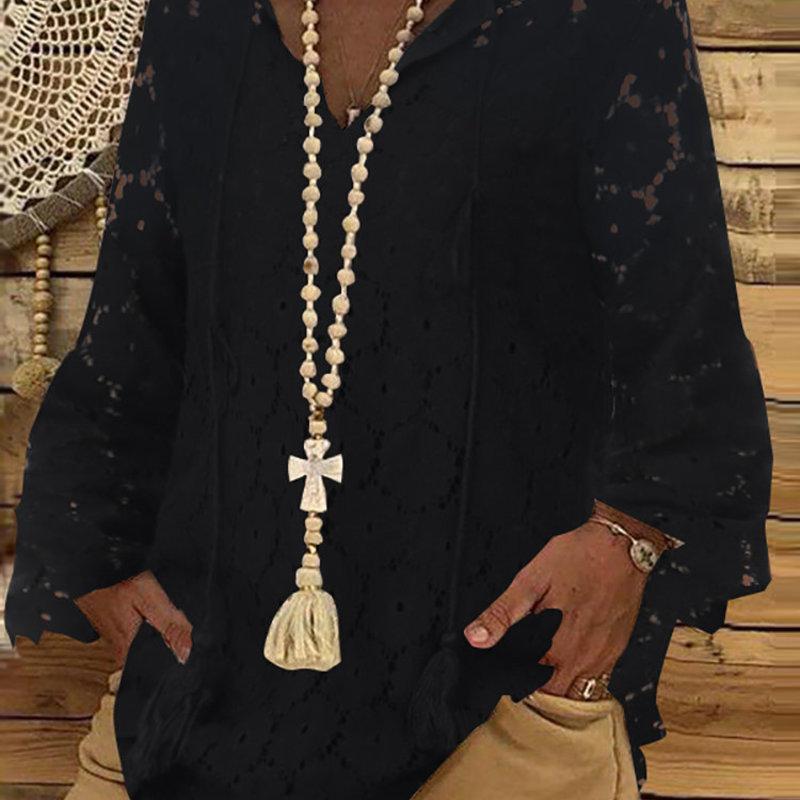 

Large size loose casual ladies shirt 2020 spring and summer ladies shirt solid color V-neck lace tops new, Black