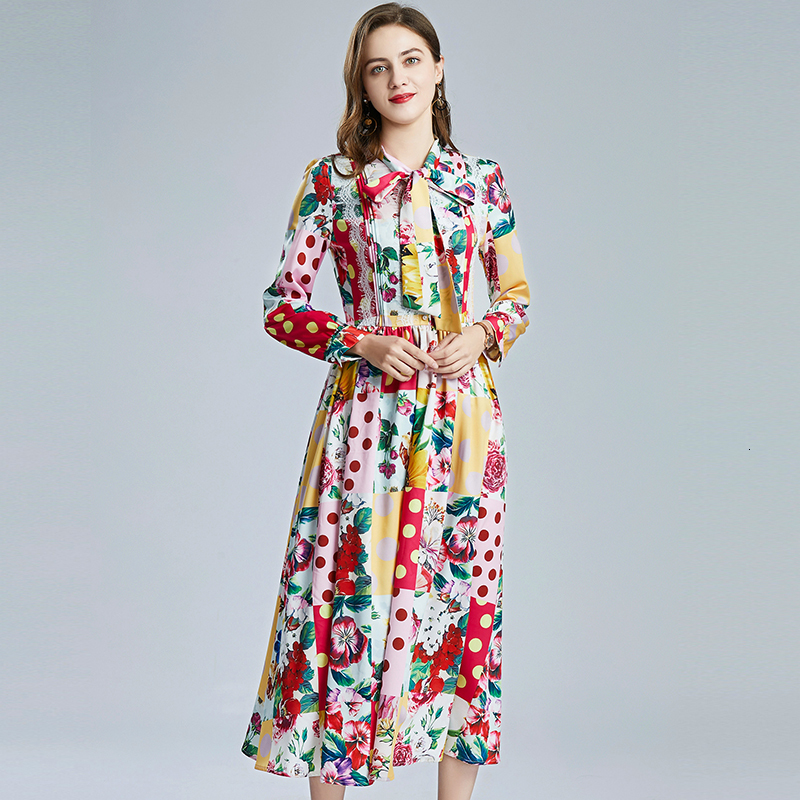 

New Fashion Runway Holiday Women's Elegant Long Sleeve Splicing Lace Dot Flower Print Boho Maxi 2021 8hj1, The picture color