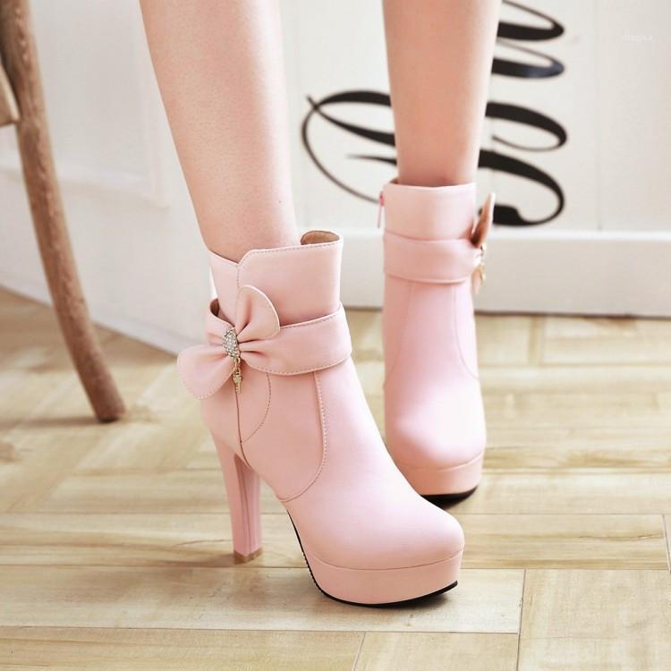 

PXELENA Sweet Butterfly-knot Crystal Stiletto High Heels Ankle Boots Bridal Women Wedding Boots Pink White Spring Autumn Shoes1, Beige