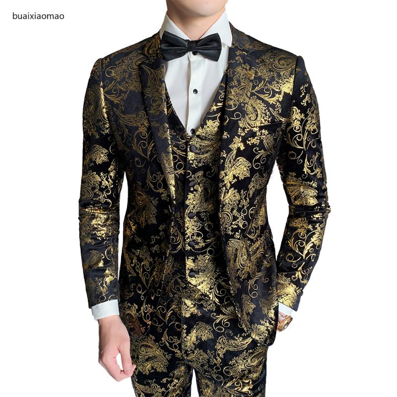 

Jacket + Vest + Pant ) New Boutique Fashion Hot Stamping Mens Casual Business Suit Groom Wedding Dress Stage Suit 3 Pcs Set, Gold