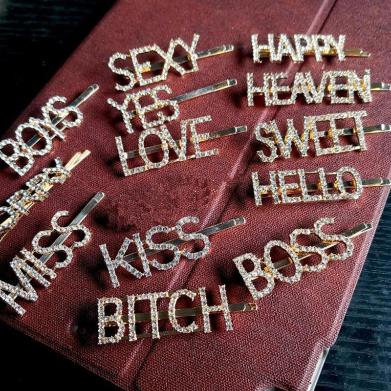 

INS Women Girls Diamond Letter Hair Clips Crystal Hairpins Rhinestone Girl Kiss Boss Sparkle Bling Hairclip Hair Accesseries Gifts 1261