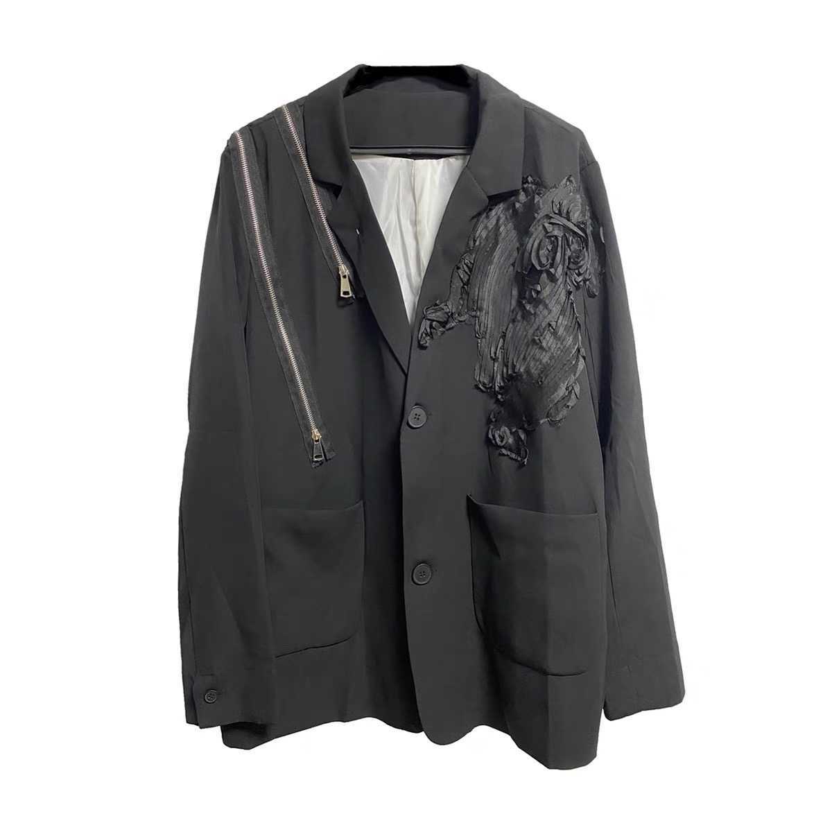

Men' Suits Two moons autumn remake dark yarn mesh zipper design sense shoulder pad loose casual suit coat, Black