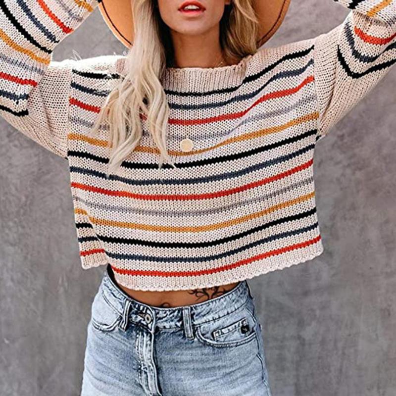 

Color Stripes Sweater Woman Knitted Top Casual Loose Knitting Sweaters Short Spring Autumn Pullovers Female Sweaters pull femme, Black