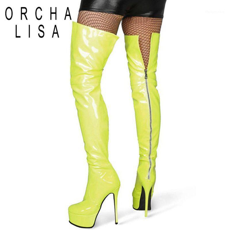 

ORCHALISA Women Sexy Shoes Thigh High Boots Stiletto Super high Heels 15cm Candy Color Back Zip Platform Over Knee Boots Size451, Black