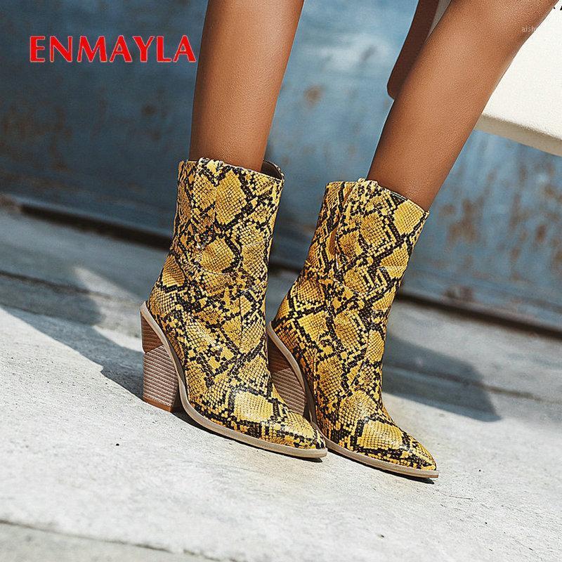 

ENMAYLA 2020 Leather Boots Women Sexy Spike Heels PU Pointed Toe Ankle Boots for Women Snakeskin Grain Shoes Winter 34-431, Black