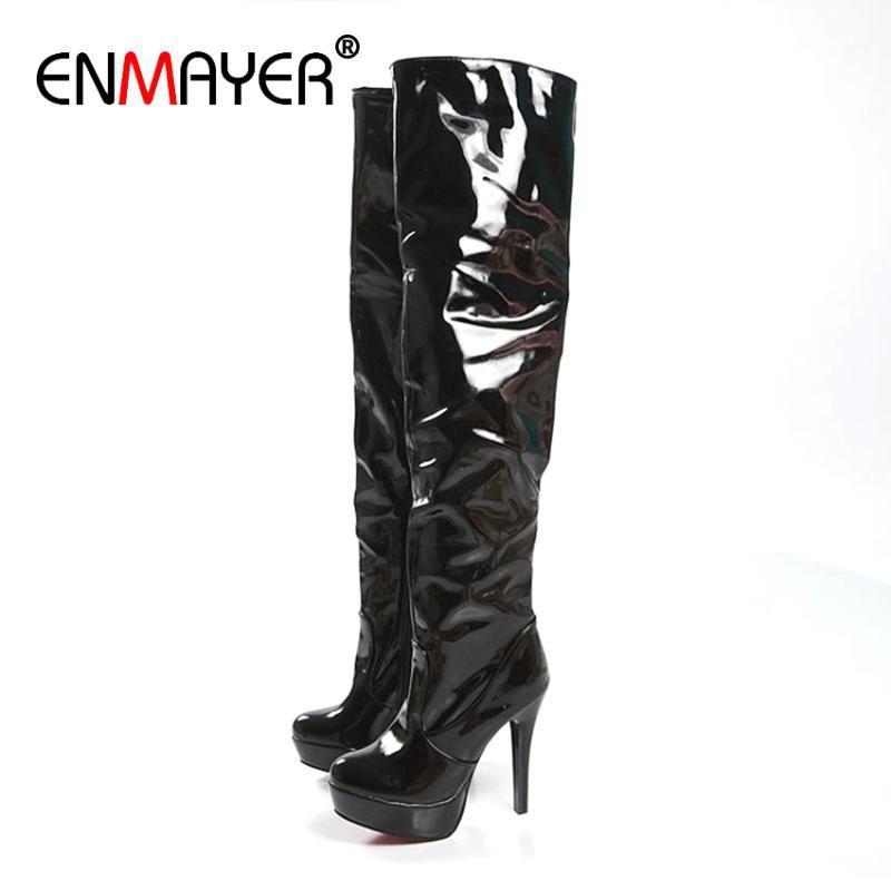 

ENMAYER Over-the-Knee Motorcycle Boots Super High Thin Heels Zip Nightclub Show Boots Patent Leather Stiletto Platform Knee High1, Black