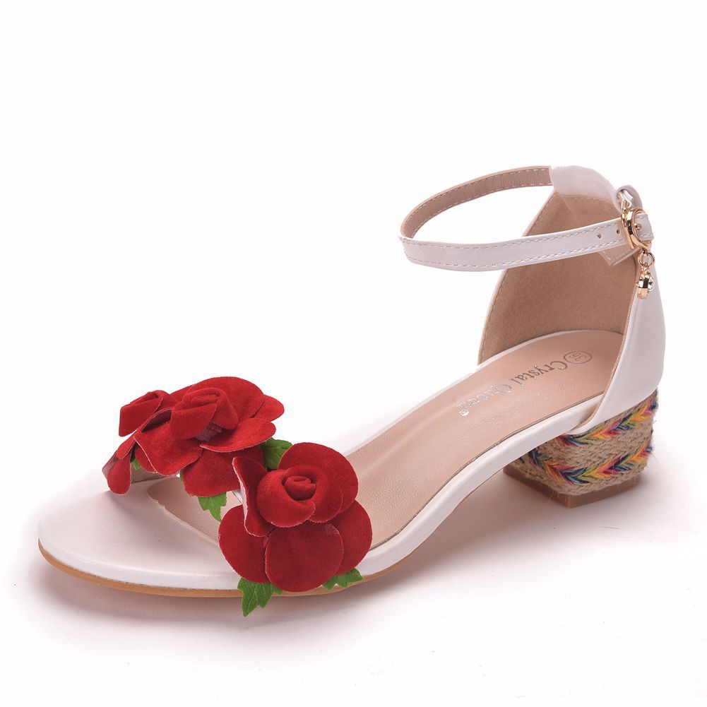 

leather Plutonium + flowers women's summer 2020 new female square heels white sandals sweet wedding shoes b0009 NFPT, Women summer sandals.