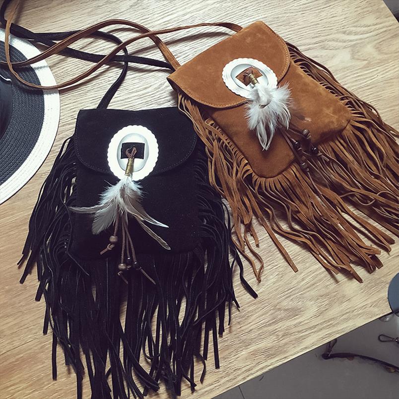 

New Vintage Bohemian Fringe Messenger Crossbody Bag Frosted PU Leather Women Tassel Boho Hippie Gypsy Fringed Womens Handbags, Fringe bag black