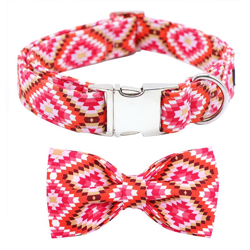 

Red Plaid Cotton Fabric Dog Collar and Leash Set with Bow Tie for Big and Small Dog Metal Buckle Pet Accessories