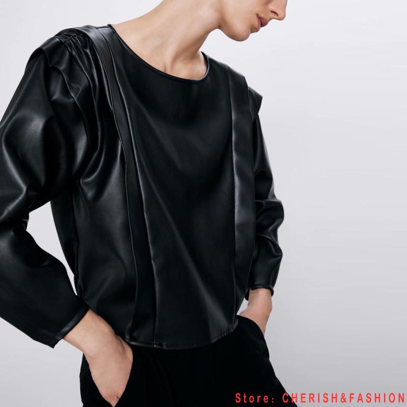 

Vintage Stylish Ruffled Faux Leather Blouses Women 2020 Fashion O Neck Puff Sleeve Elastic Waist Female PU Shirts Chic Tops New, Bb9872 black