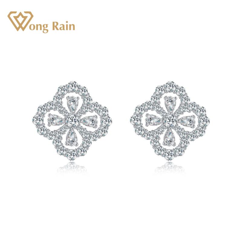 

Wong Rain 100% 925 Sterling Silver Created Moissanite Gemstone Wedding Engagement Women Four Clover Studs Earrings Fine Jewelry