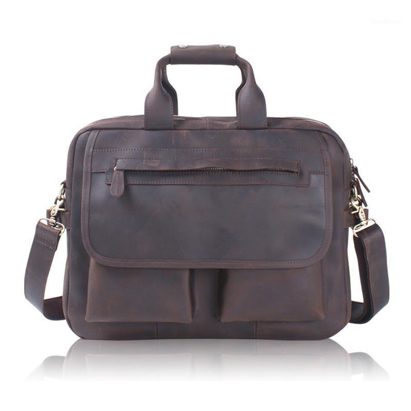 

Genuine Cow Leather Briefcase Mens Crazy Horse Leather Handbags Retro Cowhide Laptop Shoulder Bags1, Yellow brown