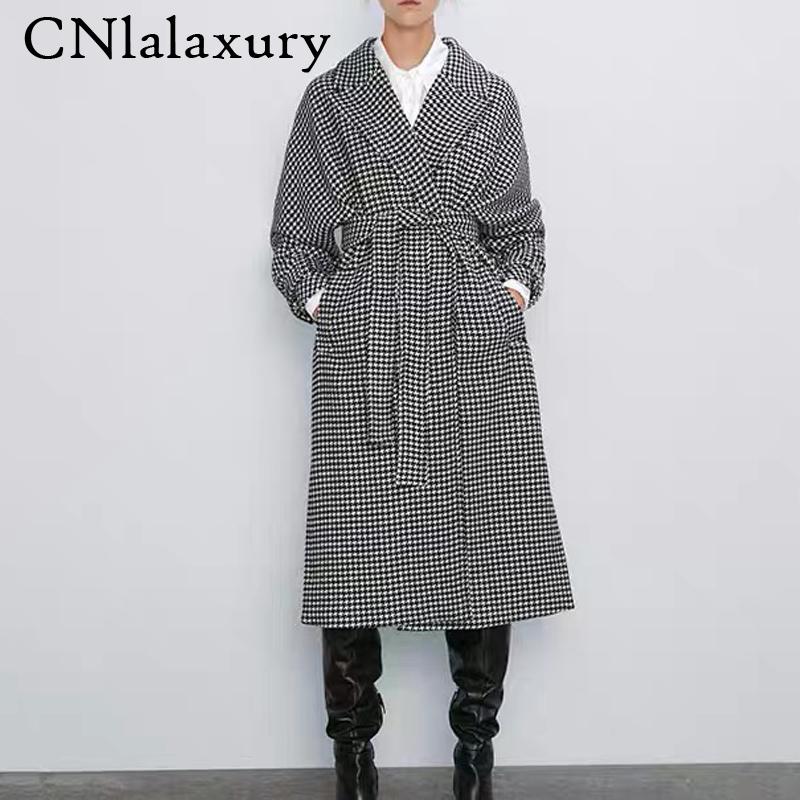 

new plaid wool coat women autumn 2020 Houndstooth belt with pocket long coat Autumn warm loose tweed overcoat female outerwear, As shown in figure