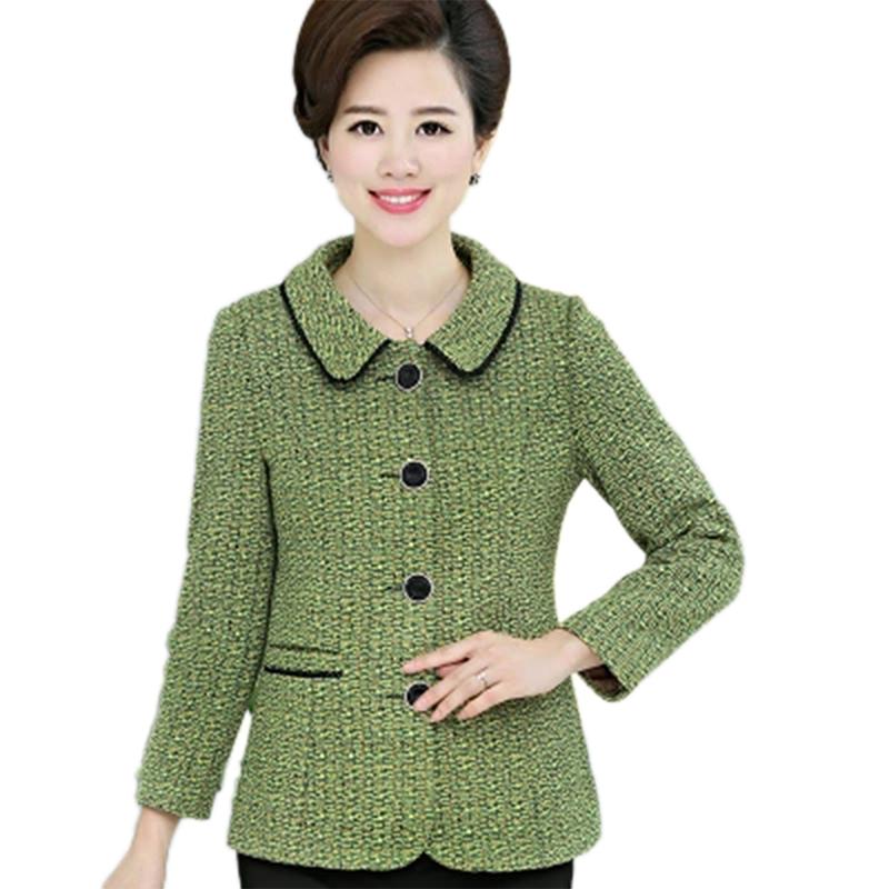 

2020 New Middle Aged Women Print Plus Size Jacket Coat Spring Autumn Elegant Monther Turn Down Collar Jacket with Pocket F465, Green