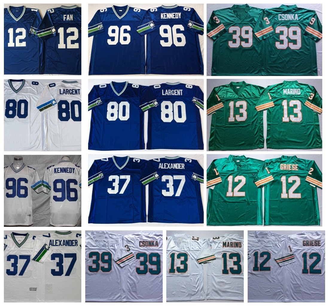 

Vintage 1994 Mens 37 Shaun Alexander 80 Steve Largent 12th Fan 96 Cortez Kennedy 12 Bob Griese 13 Dan Marino 39 Larry Csonka Football Jersey, White 96