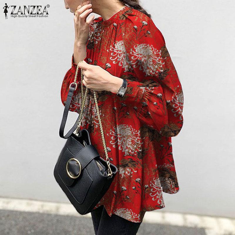 

Spring Women Floral Printed Puff Sleeve Blouse ZANZEA Elegant Casual Shirt Female Work Blusas Loose Vintage Tunic Tops Mujer, B red