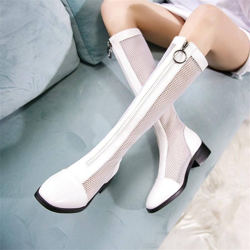 

PXELENA Hot Rome Mesn Knee High Boots Gladiator Sandals Women 2020 Summer Front Zip Breathable Med Heels Shoes Black White 34-431, Pink