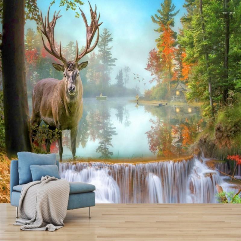 

Dropshipping Colomac Nordic Wallpaper Dream Waterfall Forest Elk Jungle Wallpaper 3d Wall Murals Living Room Papier Peint Mural1, As pic