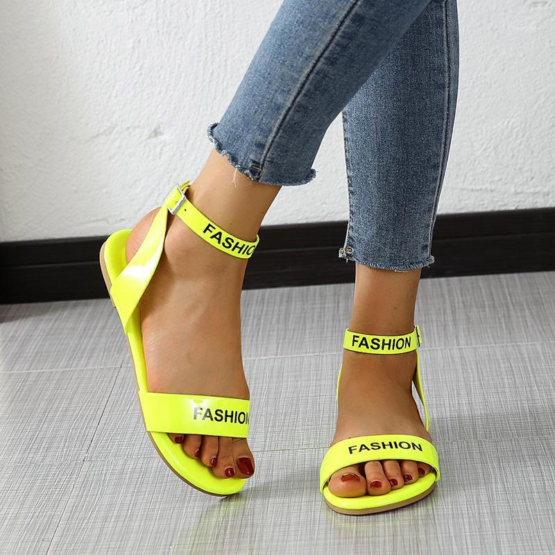

Sandals Summer Candy Color Printed Letter Slotted Flat Heel Large Size Open Toe Buckle Sandals1, Black