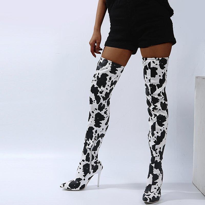 

Autumn Winter Women Boots Leather Heels Pumps Newest Night Club Shoes Over-the-Knee Pointed Toe Thin Heels Woman 2020, White