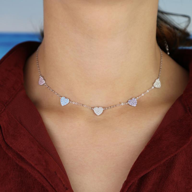 

2020 Real 925 sterling women fashion colorful cz Cubic Zirconia heart choker necklaces valentine's day gift best Party Jewelry