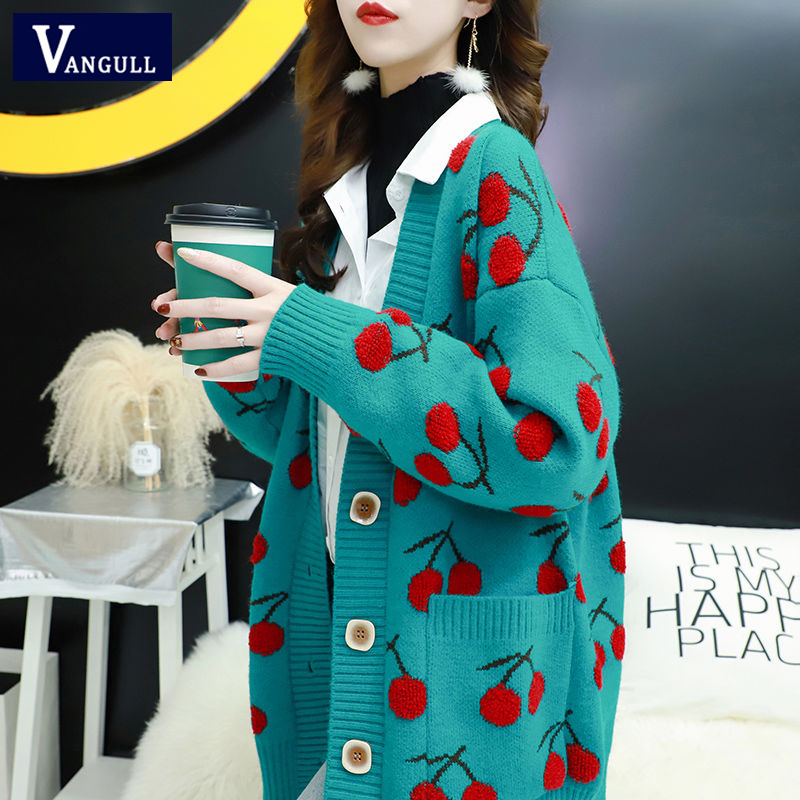 

Vangull Fruit Printting Knitted Women Sweater Cardigans Single Breasted Long Sleeve Cardigans Korean Style Loose Sweater Tops, Green
