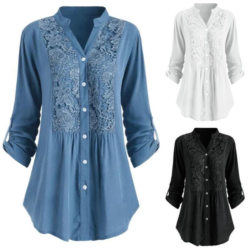 

MUQGEW women vintage printed tops ladies casual shirts Women Ladies Large Size Button Lace V Neck Long Sleeve Shirt Blouse#g4, Black