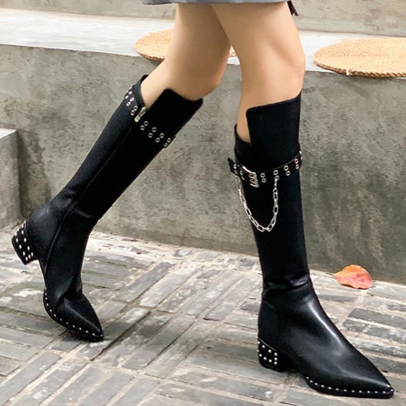 

Brand New Fashionable Cool Chic Genuine Leather Rivets Chains Riding Boot Winter Women Shoes Boots Female1, Black