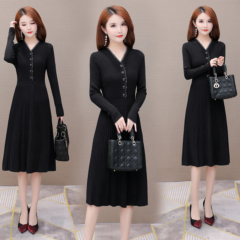 

2021 New Women Spring Autumn Winter A-line Simple Black Knitted Sweater V-neck Elegant Party Midi Plus Size Vestido 477 8yoz, Red