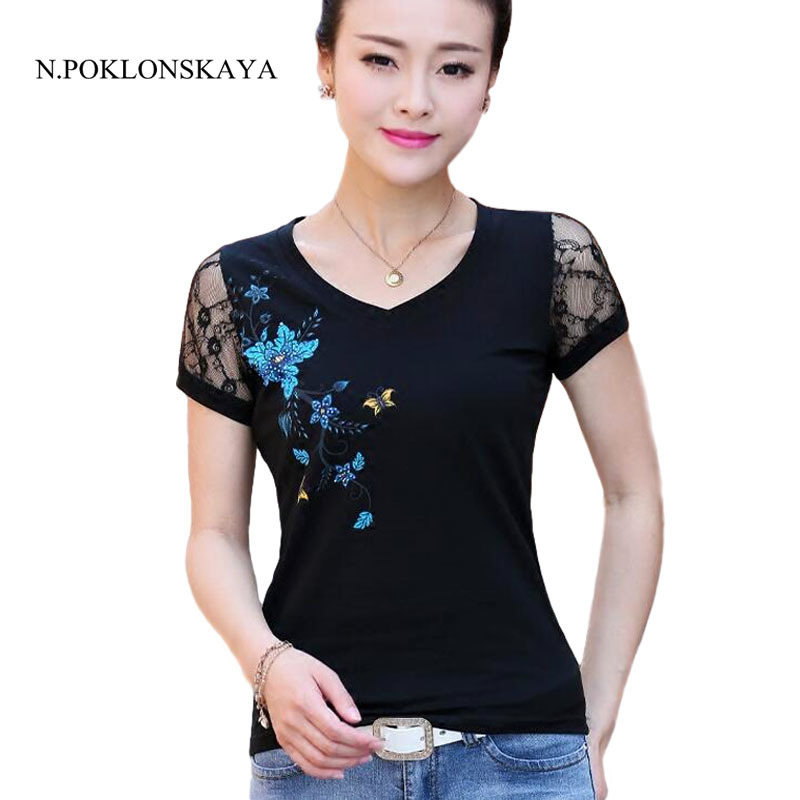 

N.POKLONSKAYA Plus Size T-shirt Women Tops Summer Lace Floral Print Short Sleeved Tee Shirt Casual Female T Shirt 4XL Y200111, Rose pink