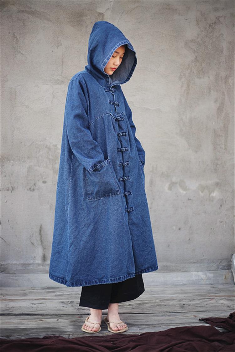 

2020 Autumn and Winter Women Dress New 100% Cotton Literature Retro Deep Blue Cowboy Witch Robe Lose Plus Size Dress C016