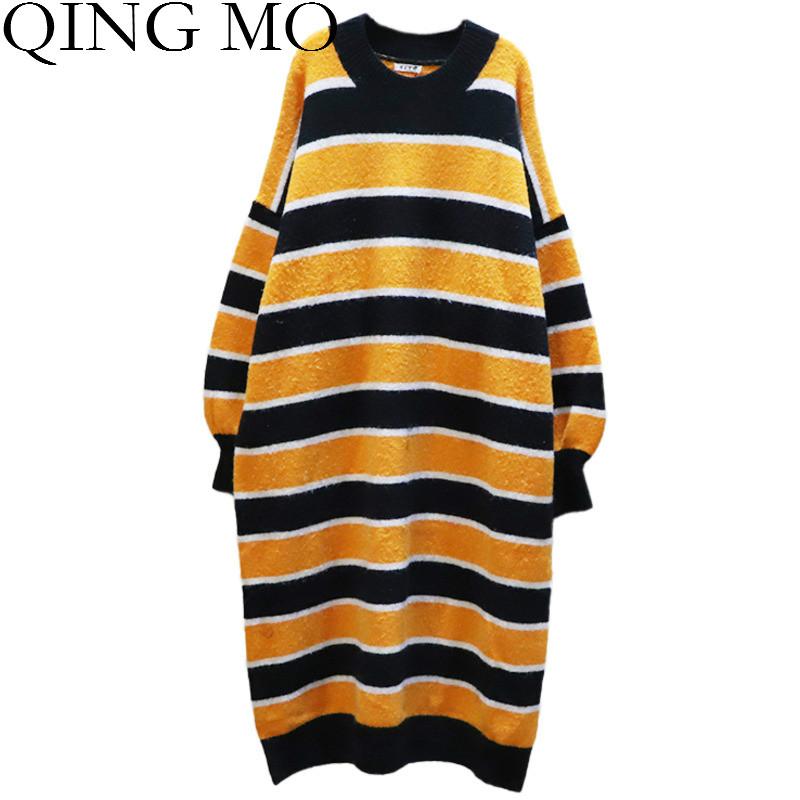 

QING MO Black Blue Striped Knitted Dress Women 2020 Autumn Winter O-Neck Plus Size Sweater Dress Pullovers Long Sweater QYF211A