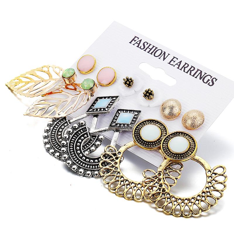 

Gold Color Leaf Flower Stone Statement Hang Brincos Jewelry Bohemian Vintage Stud Earrings Set Mixed For Women
