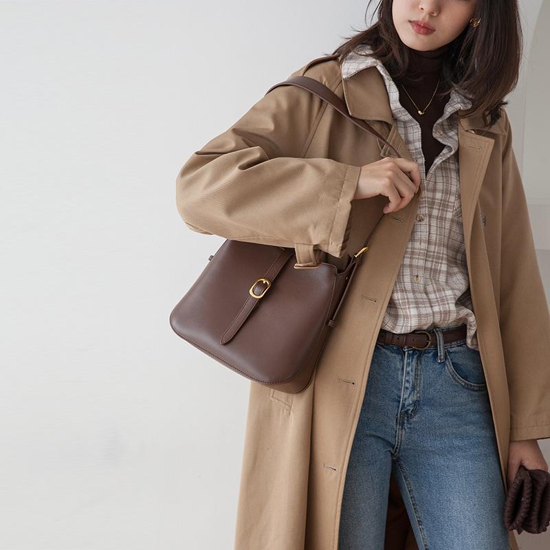 

VENOF Shoulder Bag Leather For Women 2021 Bucket Bag Ladies Simple Crossbody Female Messenger Bags Fashion Women's Luxury Ba, Black