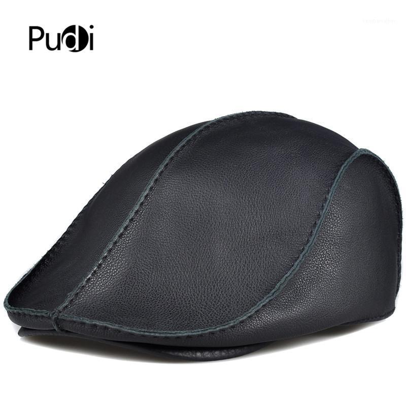 

Berets PUDI Men Genuine Leather Hat Cap Beret 2021 Ins Female Cow Skin Baseball Caps Hats HL0061, Black